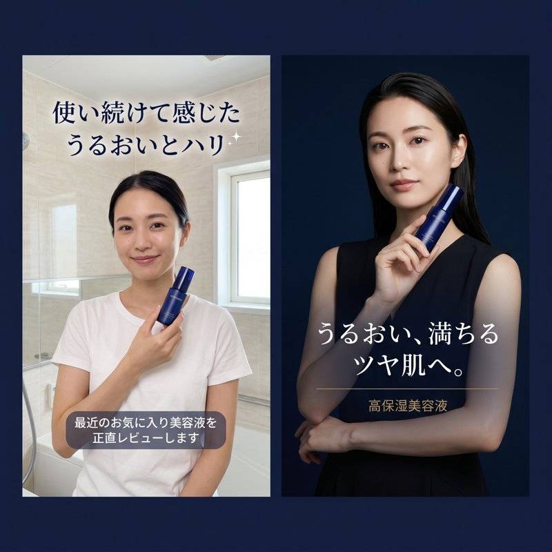 同一の美容液を使った、生活シーンのUGC風レビューとスタジオ撮影のブランド広告風、2種類の訴求の作り分け例