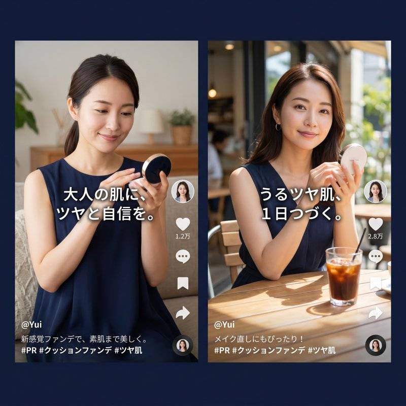 同一のクッションファンデ・同一出演者で、リビングとカフェの2場面・2種類のコピーで作り分けたUGC風投稿の例