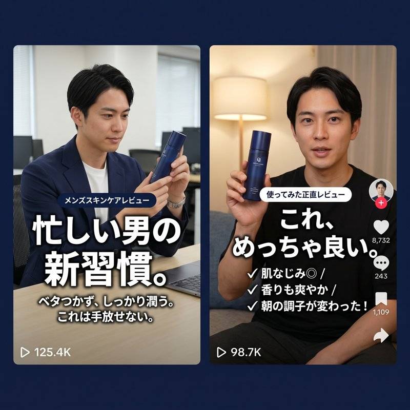 同一のメンズスキンケア商品で、言い切り訴求型と正直レビュー型、2種類のフックの作り分け例